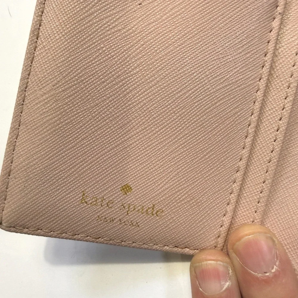 Kate Spade New York Pink Saffiano Leather Slim Bifold Wallet Gold Logo Plaque